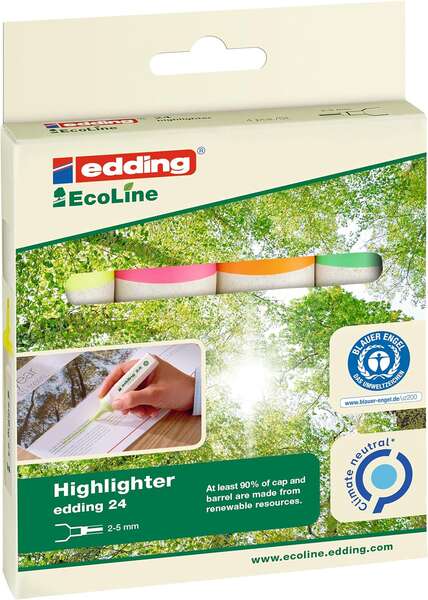 Edding 24 EcoLine Marcadores Fluorescentes - Punta Biselada - Trazo entre 2-5mm - 90% de P