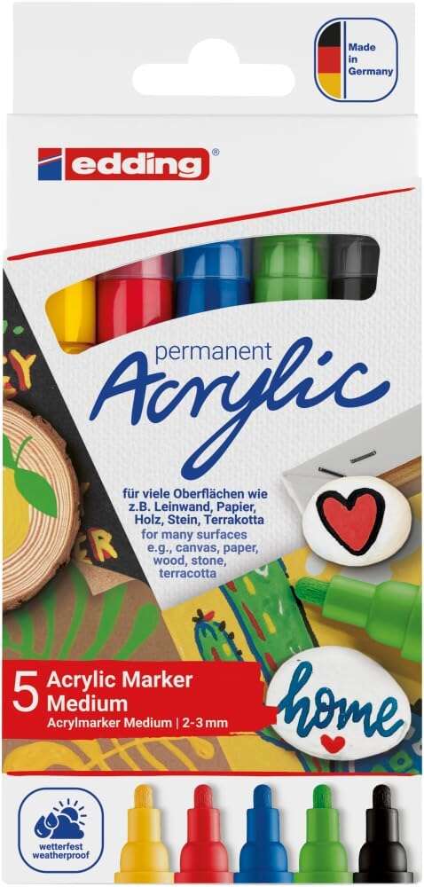 Lot de 5 marqueurs acryliques permanents Edding 5100 - Pointe ronde 2-3 mm - Trait moyen