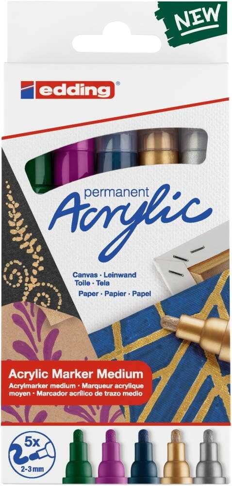 Edding 5100 Acrylic Pack de 5 Rotuladores Permanentes Acrilicos Metalizados - Punta Redonda 2-3mm -