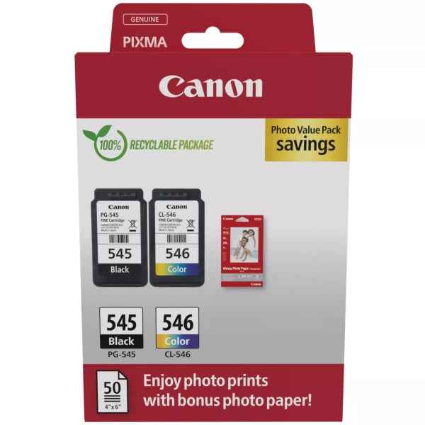 Canon PG545 Negro + CL546 Color Pack de Cartuchos de Tinta Originales + 50 Hojas de Papel Fotografico - 8287B008/8287B006/8287B005 - Prinkweb
