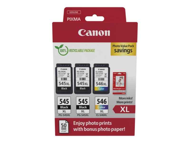 Canon PG545XL Negro + CL546XL Color Pack de 3 Cartuchos de Tinta Originales + 50 Hojas de Papel Fotografico - 8286B015 - Prinkweb