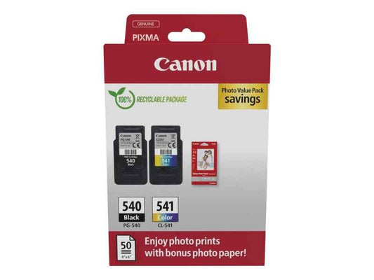 Canon PG540 Negro + CL541 Color Pack de 2 Cartuchos de Tinta Originales + 50 Hojas de Papel Fotografico - 5225B013 - Prinkweb