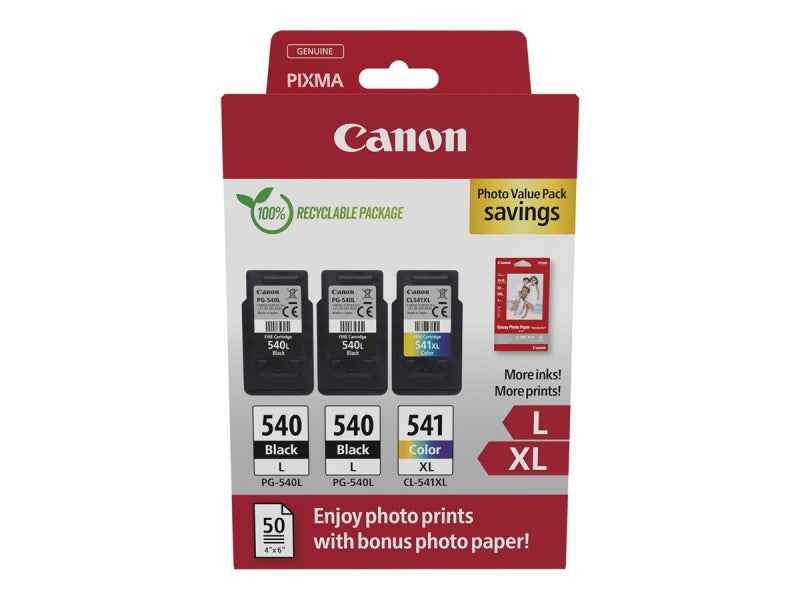 Canon PG540L Negro + CL541XL Color Pack de 3 Cartuchos de Tinta Originales + 50 Hojas de Papel Fotografico - 5224B015 - Prinkweb