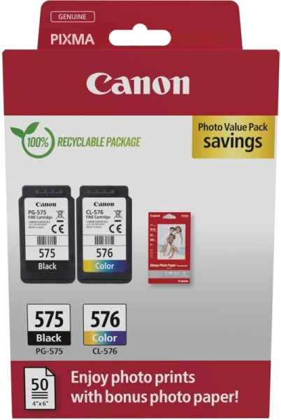 Canon PG575/CL576 Pack de 2 Cartuchos de Tinta Originales + 50 Hojas de Papel Fotografico - 5438C004 - Prinkweb