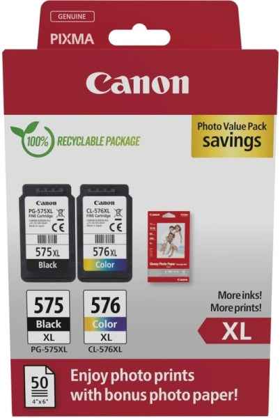 Canon PG575XL/CL576XL Multipack de 2 Cartuchos de Tinta Originales + 50 Hojas de Papel Fotografico - 5437C006 - Prinkweb