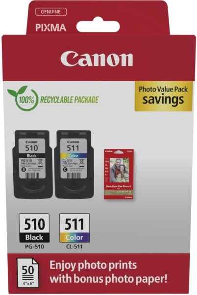 Canon PG-510/CL-511 Multipack de 2 Cartuchos de Tinta Originales + 50 Hojas de Papel Fotografico - 2970B017 - Prinkweb