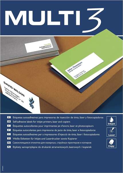Lot de 2700 étiquettes blanches Multi3, format 70 x 30 mm - 100 feuilles de 27 étiquettes - Adaptées à l'impression 