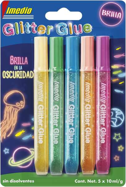 Cola com Glitter Imedio "Brilha no Escuro" - Embalagem com 5 Tubos de 10ml - Brilha no Escuro - Para Diversos Materiais - Tubo Extra Flexível - Bico de Precisão - Sem Solventes - Cores Sortidas 