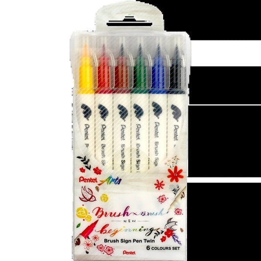 Conjunto duplo de 6 marcadores Pentel Brush Sign com pontas duplas flexíveis - Ponta larga 1-
