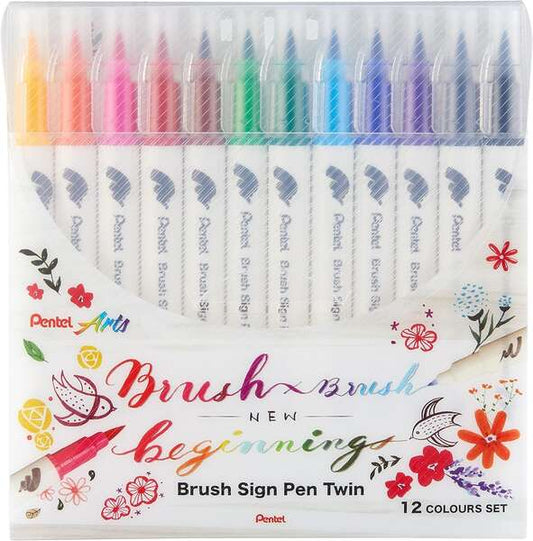 Conjunto duplo de 12 marcadores Pentel Brush Sign com pontas duplas flexíveis - Ponta larga 1