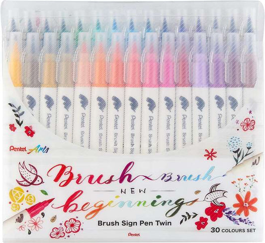 Conjunto duplo de 30 marcadores Pentel Brush Sign com ponta dupla flexível - Ponta larga 1
