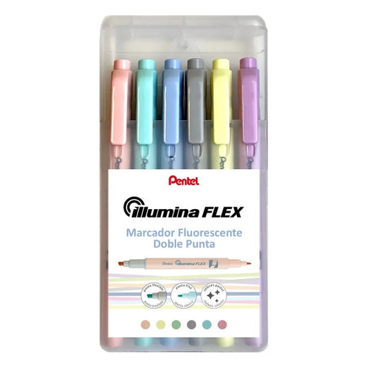 Lot de 6 marqueurs fluorescents Pentel Illumina Flex, double pointe biseautée, largeur de trait entre 1,5 et 3,5 mm