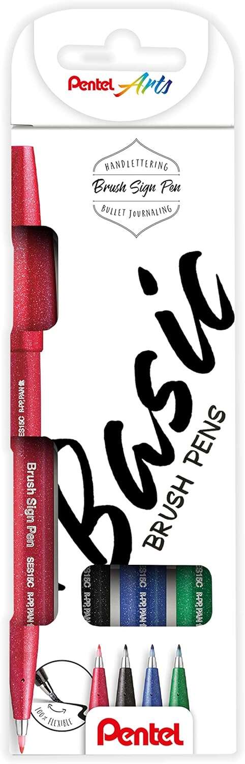 Lot de 4 marqueurs à pointe pinceau Pentel Brush Sign Pen Basic - Traits fins ou épais selon vos besoins
