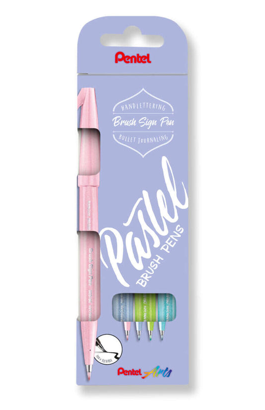 Pentel Brush Sign Pen Pastel Lot de 4 marqueurs à pointe pinceau - Traits fins ou épais