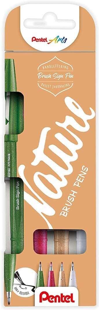 Pentel Brush Sign Pen Nature, lot de 4 marqueurs à pointe pinceau - traits fins ou épais