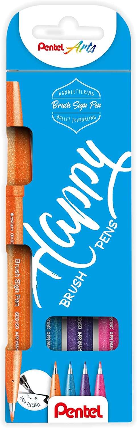 Lot de 4 feutres à pointe pinceau Pentel Brush Sing Pen Happy - Traits fins ou épais selon vos besoins
