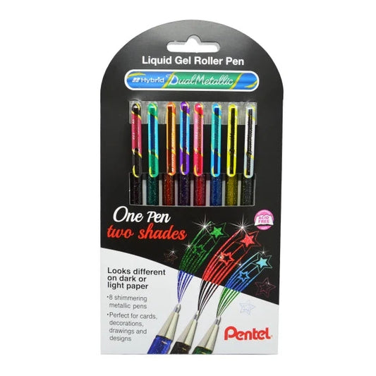 Lot de 8 stylos à bille Pentel Hybrid Dual Metallic à encre gel brillante - Pointe 1 mm - Ligne