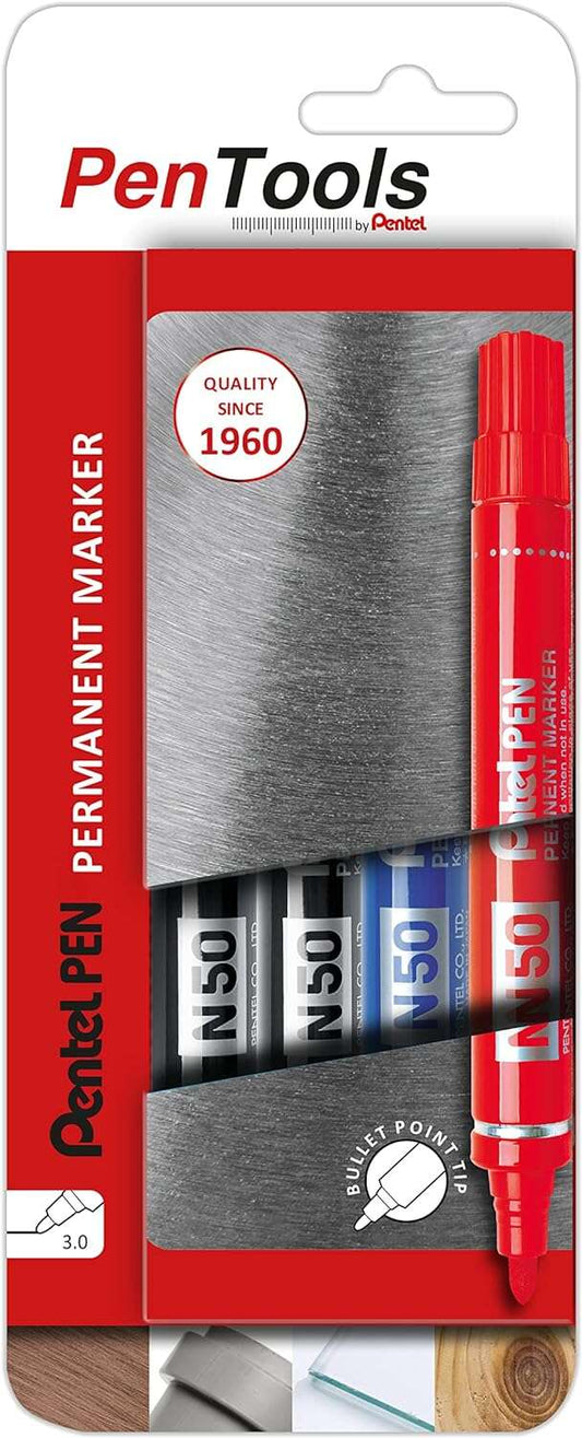 Lot de 4 marqueurs permanents industriels Pentel PenTools Pen N50 - Pointe conique résistante