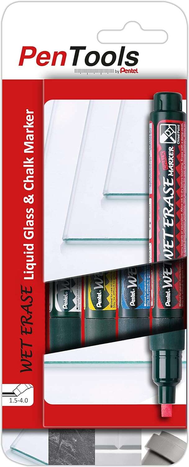 Pentel PenTools Rotuladores de Tiza Liquida Wet Erase - Punta Biselada Reversible 2-4mm - Resistente a la Intemperie sobre Vidrio - Colores Blanco, Azul, Amarillo y Rojo