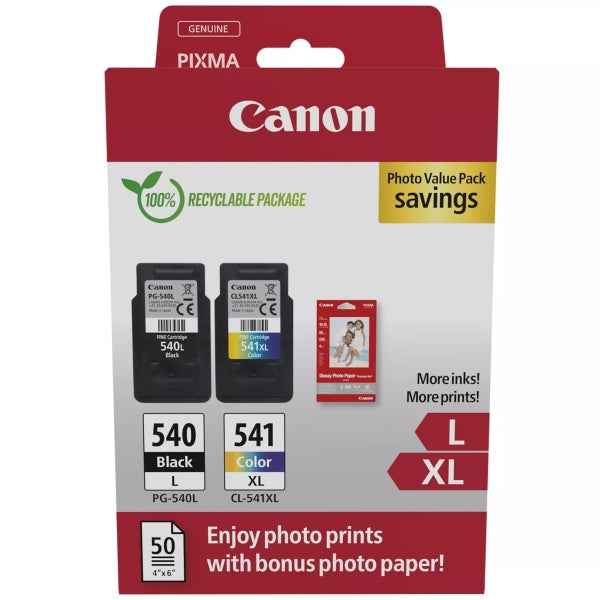 Canon PG540L Negro + CL541XL Color Pack de 2 Cartuchos de Tinta Originales - 50 Hojas de Papel Fotografico - 5224B012/5224B007/5224B005/5222B013/5222B014 - Prinkweb
