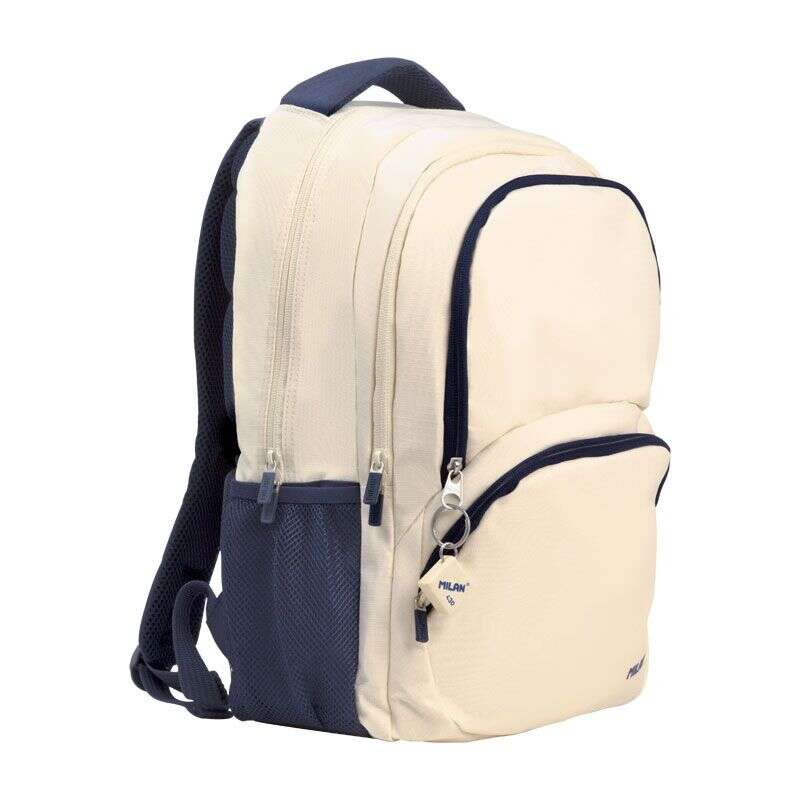 Sac à dos scolaire Milan Serie 1918 25 L - 3 poches avant + 2 poches latérales - Bretelles réglables et rembourrées - Dimensions : 46,5 x 30 x 17 cm - Beige/Bleu foncé 