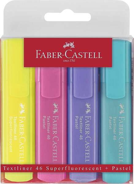 Lot de 4 marqueurs fluorescents Faber-Castell Textliner 46 Pastel - Pointe biseautée - Ligne entre