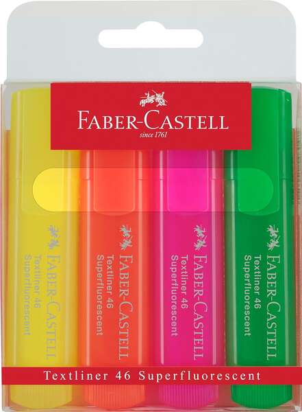 Lot de 4 marqueurs fluorescents Faber-Castell Textliner 46 Superfluorescent - Pointe biseautée - T