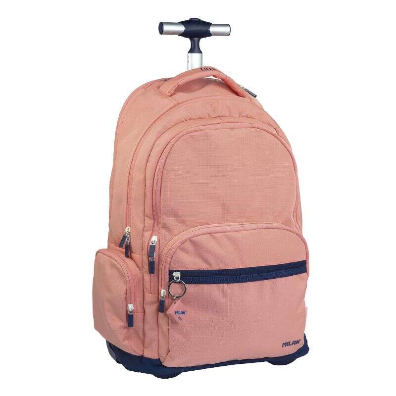 Sac à dos scolaire Milan Serie 1918 25 L avec trolley intégré et poignée télescopique en métal - 3 poches avant + 2 poches latérales - Dimensions : 46,5 x 30 x 17 cm - Rose 