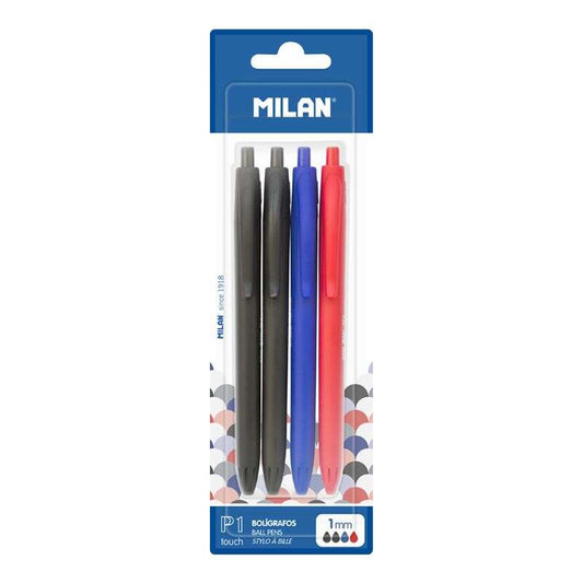 Conjunto de 4 esferográficas retráteis Milan P1 Touch - Ponta redonda de 1 mm - Tinta à base de óleo