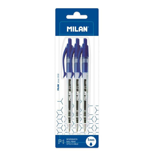 Lot de 3 stylos à bille rétractables Milan P1 - Pointe ronde 1 mm - Corps transparent - Couleur
