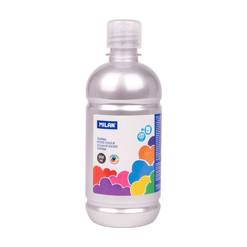 Flacon de peinture tempera Milan 500 ml - Bouchon doseur - Séchage rapide - Miscible - Couleur argent 