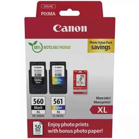 Canon PG560XL Negro + CL561XL Color Pack de 2 Cartuchos de Tinta Originales - 50 Hojas de Papel Fotografico - 3712C008/3712C004 - Prinkweb