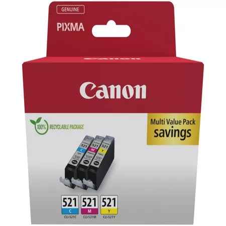 Canon CLI521 Pack de 3 Cartuchos de Tinta Originales - Cian, Magenta, Amarillo - 2934B015/2934B010 - Prinkweb
