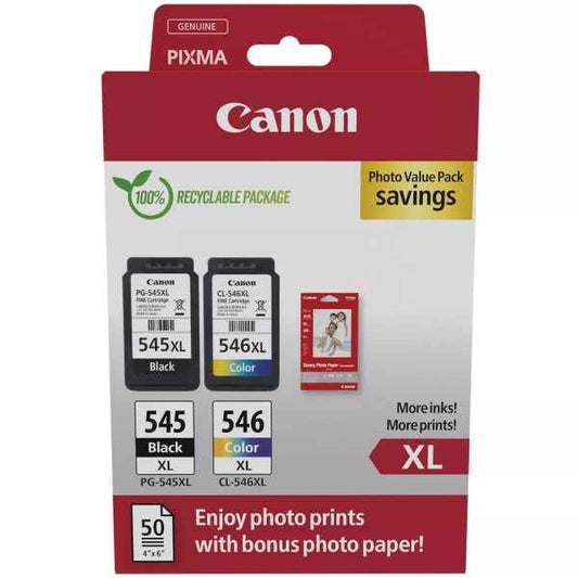 Canon PG545XL Negro + CL546XL Color Pack de 2 Cartuchos de Tinta Originales + 50 Hojas de Papel Fotografico - 8286B011/8286B006 - Prinkweb