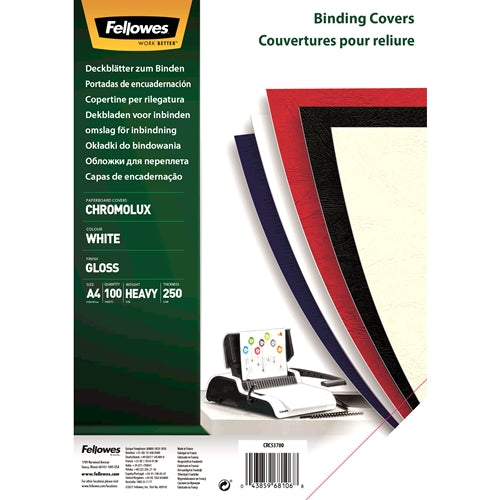 Fellowes Pack de 100 Papel para Contraportada de Documento - A4 - Acabado en Brillo - 250 grs - Certificacion FSC - Prinkweb