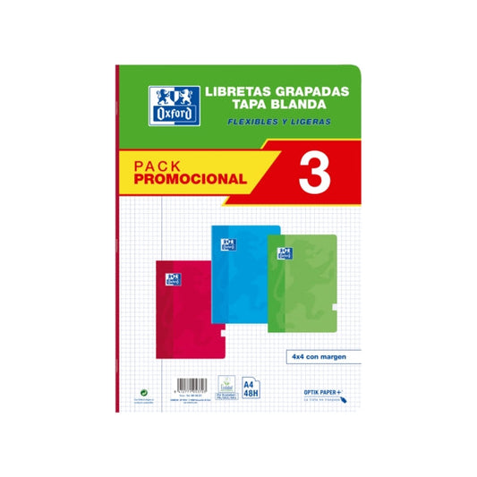 Oxford School Classic Pack 3 unidades - Libreta Grapada A4 - Tapa Blanda - 4x4 con Margen - 48 Hojas - 3 Colores - Prinkweb