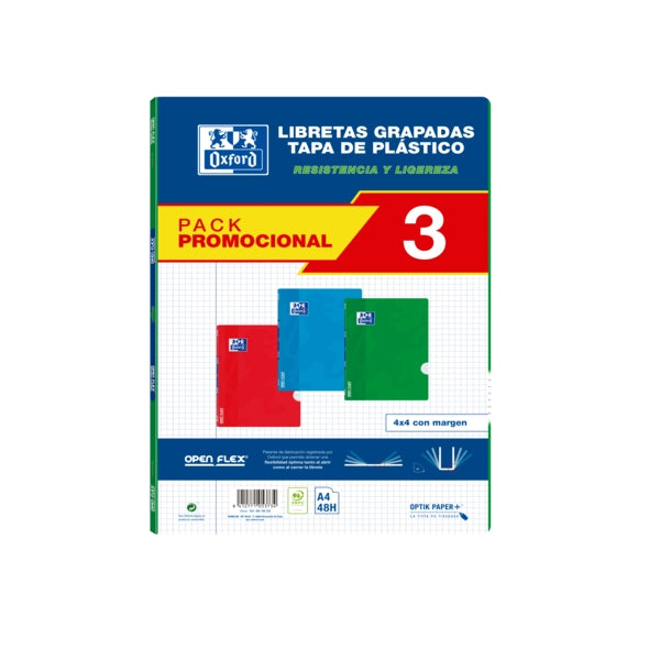 Oxford School Classic Pack 3 unidades - Libreta Grapada Openflex - Tapa de Plastico A4 - 4x4 con Margen - 48 Hojas - 3 Colores - Prinkweb