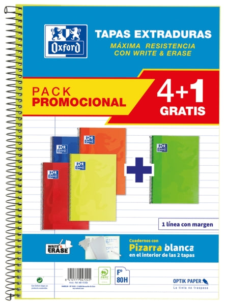 Oxford School Classic Write&Erase Pack 4 unidades+1 Fº - Cuaderno Espiral - Tapa Extradura - 1 Linea con Margen - 80 Hojas - Colores Surtidos - Prinkweb