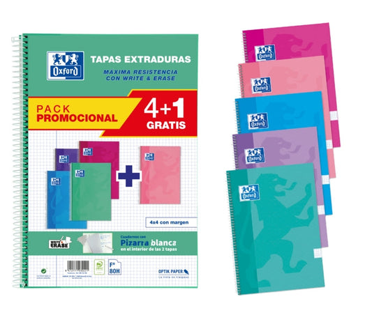 Oxford School Classic Write&Erase Pack 4 unidades+1 Fº - Cuaderno Espiral - Tapa Extradura - 4x4 con Margen - 80 Hojas - Colores Surtidos - Prinkweb