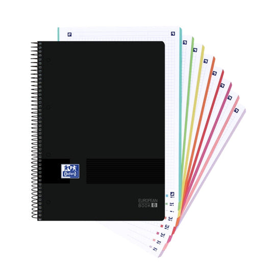 Oxford Europeanbook 8 Live & Go Cuaderno Espiral A4+ 160 Hojas Cuadricula 5x5 - 8 Bandas de Color - Tapa de Plastico Resistente - Color Negro - Cantidad: 5 - Prinkweb