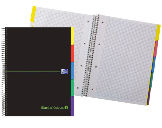 Oxford Black N'Colours Europeanbook A4+ - Tapa Extradura Resistente - 100 Hojas con Diseño 5x5 - Pestañas Troqueladas - Ideal para Organizar y Destacar - Cantidad: 5 - Prinkweb