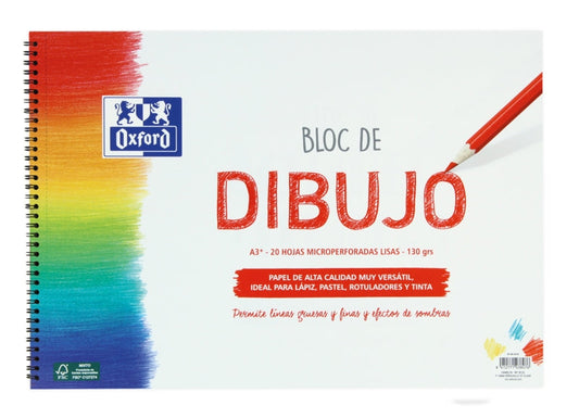 Oxford Dibujo Escolar Bloc Espiral A3+ - Tapa Blanda/Contratapa Rigida - 20 Hojas 130gr Liso - Cantidad: 5 - Prinkweb