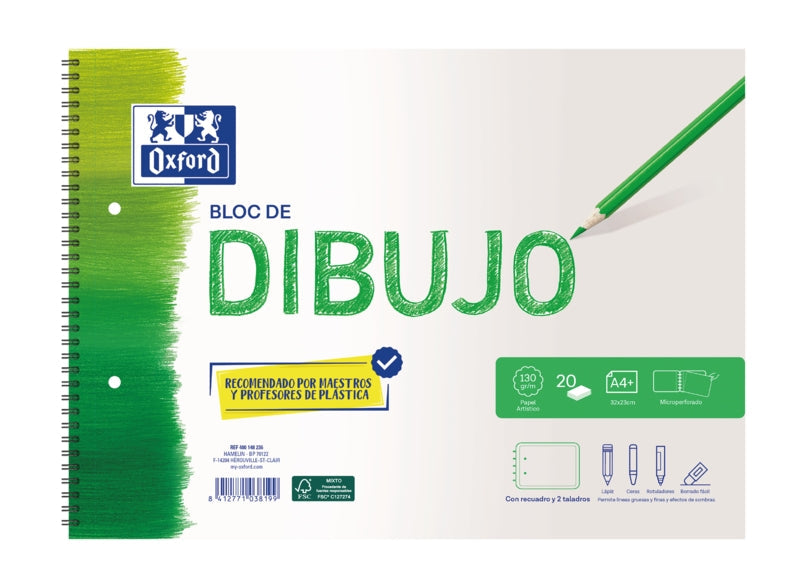 Oxford Dibujo Escolar Bloc Espiral Dibujo A4+ - Tapa Blanda/Contratapa Rigida - 20 Hojas 130gr - con Recuadro y 2 Taladros - Cantidad: 5 - Prinkweb