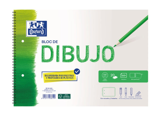 Oxford Dibujo Escolar Bloc Espiral Dibujo A4+ - Tapa Blanda/Contratapa Rigida - 20 Hojas 130gr - con Recuadro y 2 Taladros - Cantidad: 5 - Prinkweb