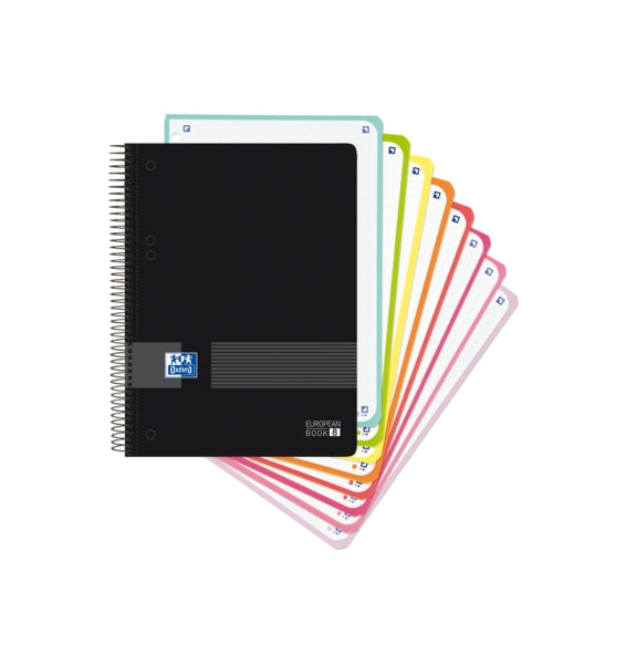 Oxford Europeanbook 8 Live & Go Cuaderno Espiral A5+ 160 Hojas Cuadricula 5x5 - 8 Bandas de Color - Tapa de Plastico Resistente - Color Negro - Cantidad: 4 - Prinkweb