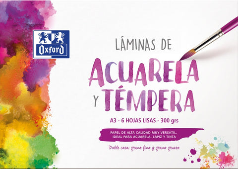 Coffret de peinture Oxford School - Feuilles aquarelle et tempera A3 - 6 feuilles de papier lisse de haute qualité (300 g/m²) - Quantité : 5
