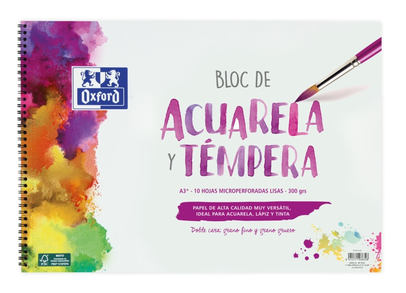 Oxford Pintura Escolar Bloc Espiral Acuarela y Tempera A3+ - Tapa Blanda/Contratapa Rigida - 10 Hojas - 300gr Liso - Cantidad: 5 - Prinkweb