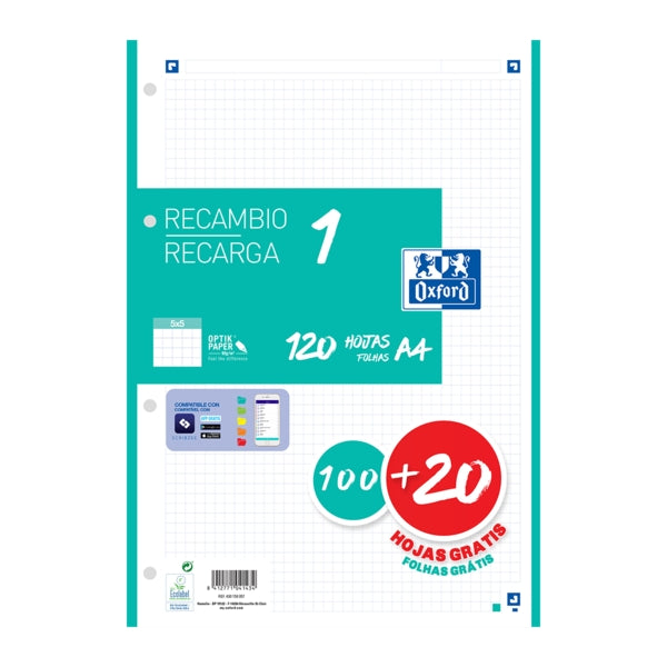 Oxford School Recambio A4 120 Hojas Cuadricula 5x5mm - 4 Taladros - Banda de Color Ice Mint - Prinkweb