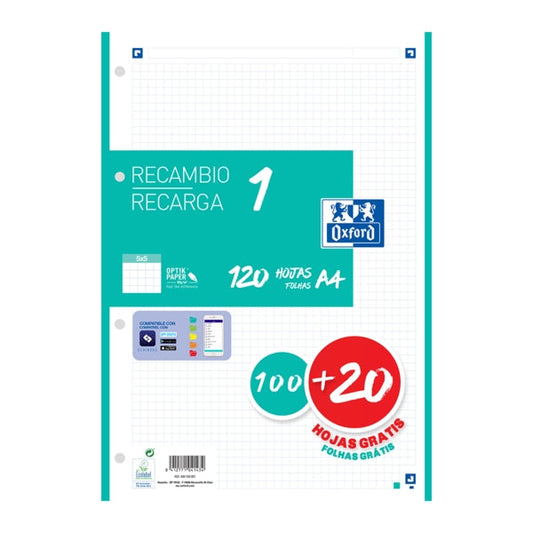 Oxford School Recambio A4 120 Hojas Cuadricula 5x5mm - 4 Taladros - Banda de Color Ice Mint - Prinkweb
