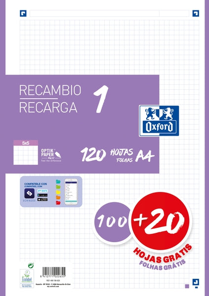 Oxford School Recambio A4 120 Hojas Cuadricula 5x5mm - 4 Taladros - Banda de Color Lila - Prinkweb